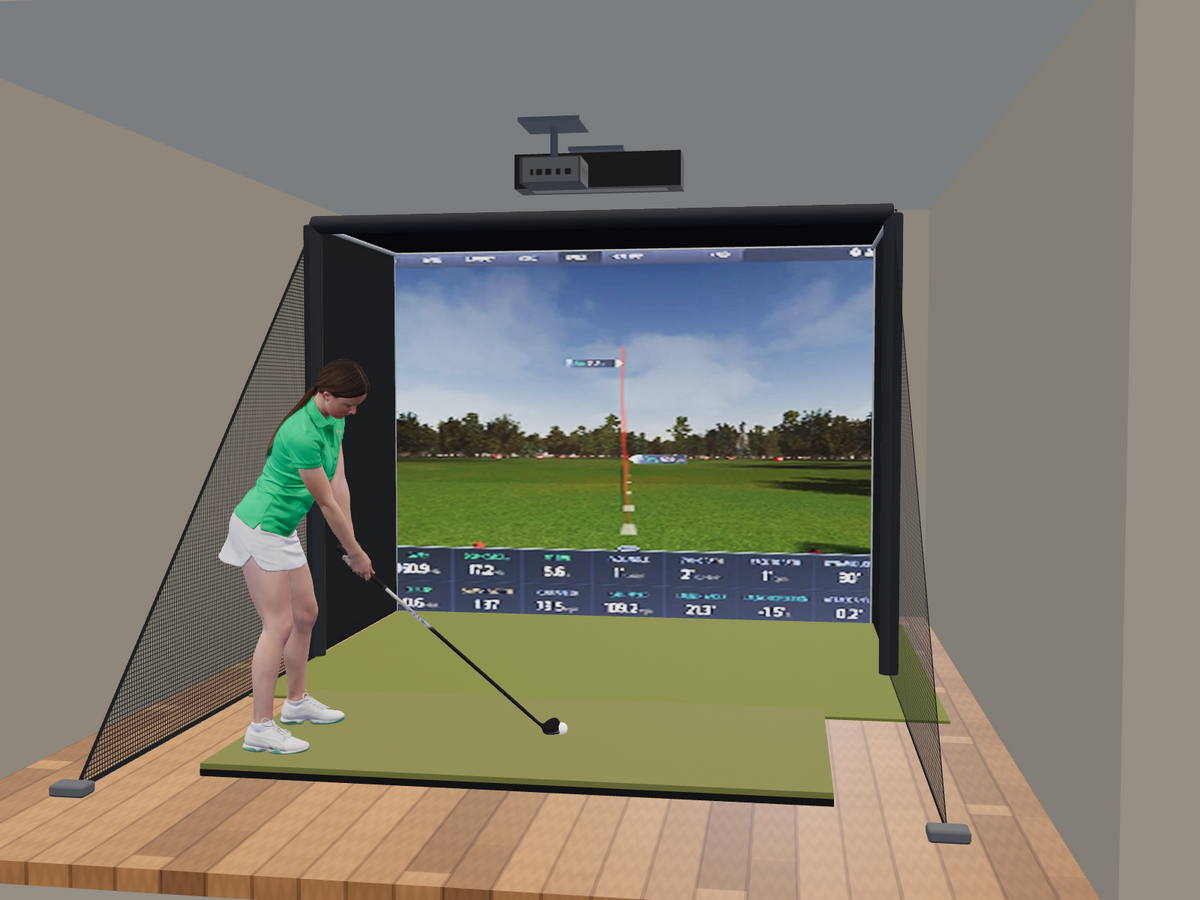 ProTee VX All-In-One Golf Simulator, 10W x 7.7H x 5D enclosure (3D render)