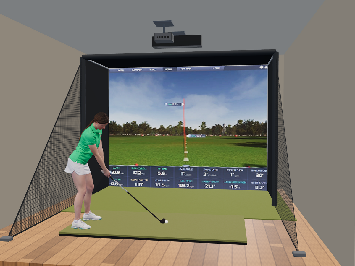 ProTee VX All-In-One Golf Simulator, 11.5W x 8.5H x 5D enclosure (3D render)