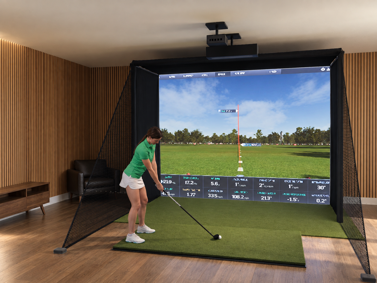 ProTee VX All-In-One Golf Simulator, 12W x 9H x 5D enclosure (3D render)