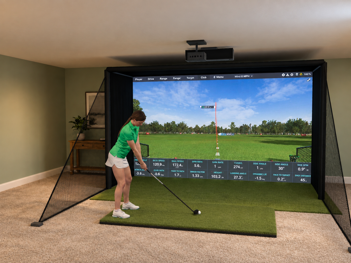 ProTee VX All-In-One Golf Simulator, 13W x 7.7H x 5D enclosure (3D render)