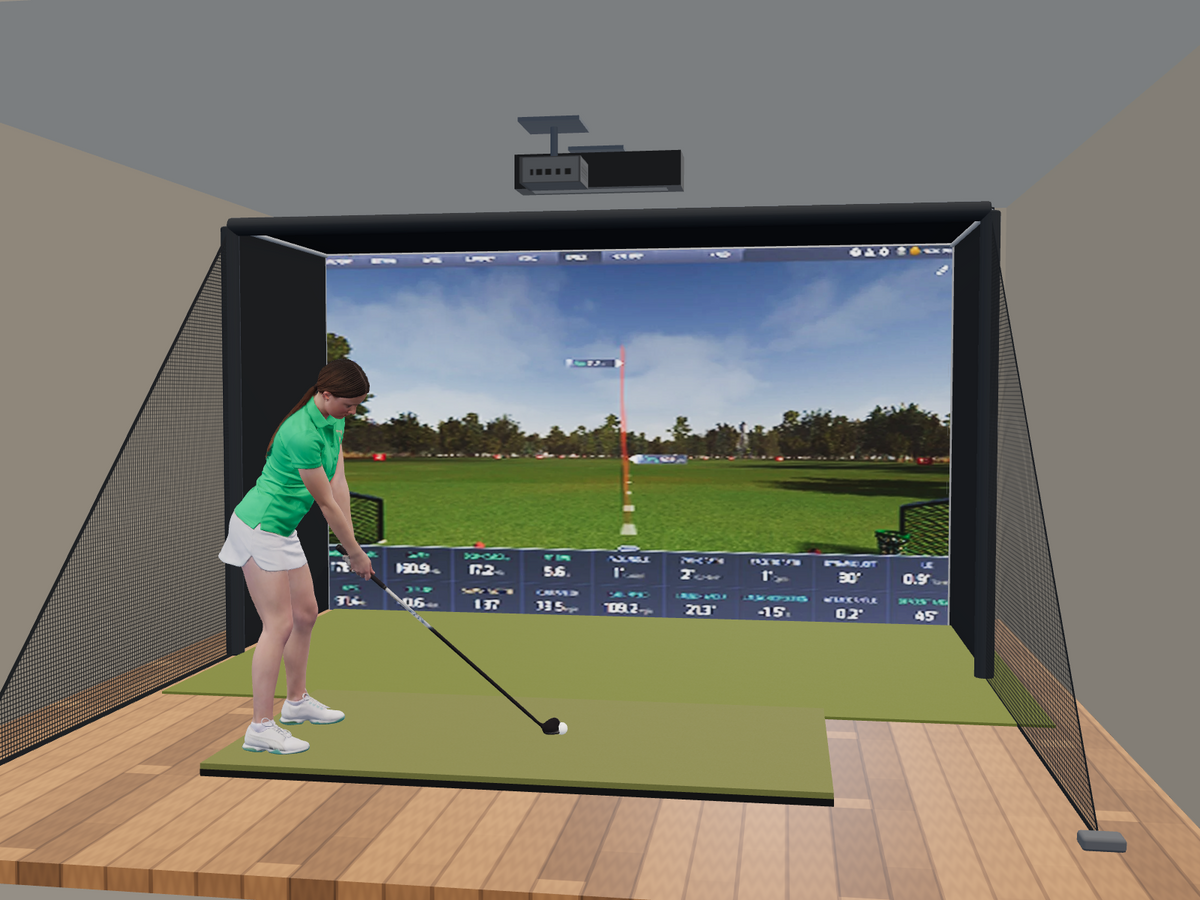 ProTee VX All-In-One Golf Simulator, 13W x 7.7H x 5D enclosure (3D render)