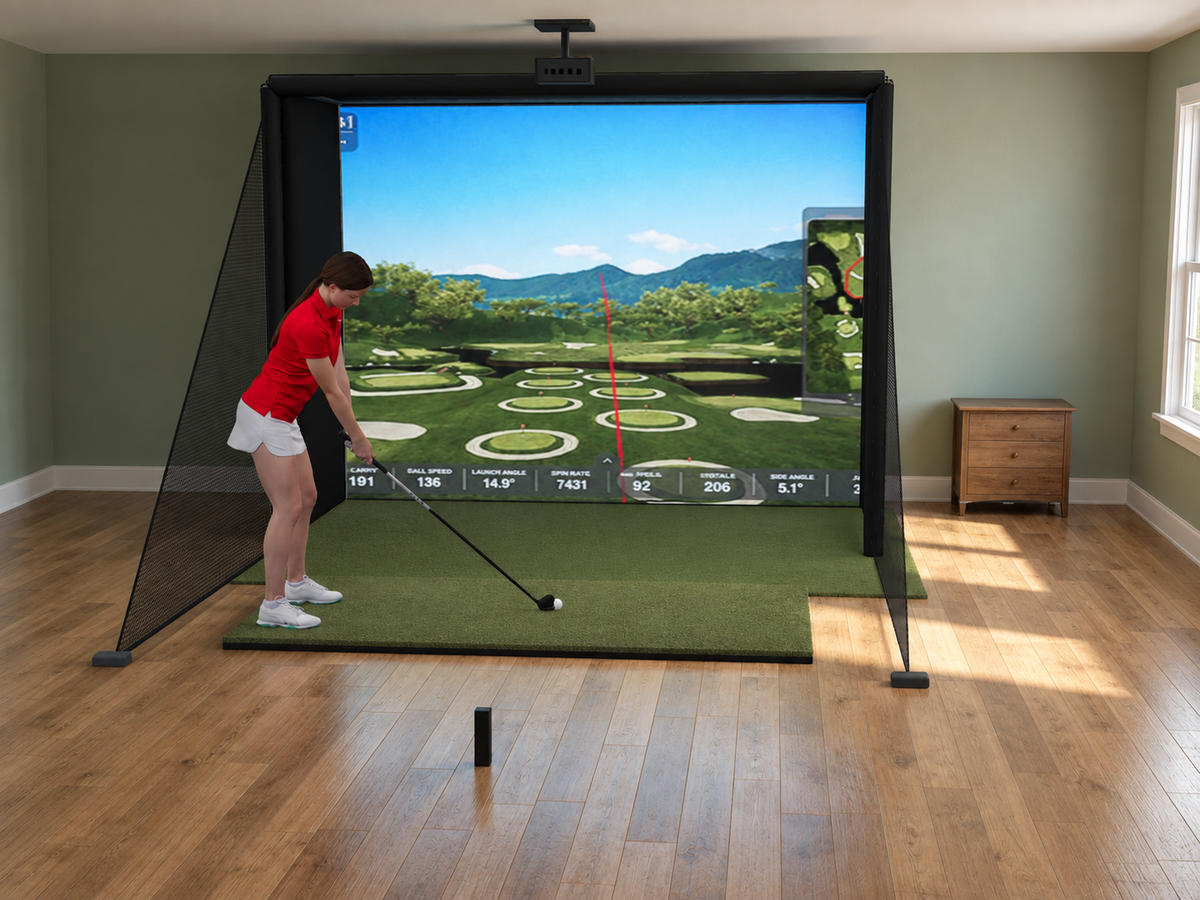 Rapsodo MLM2PRO All-In-One Golf Simulator installed in a finished room