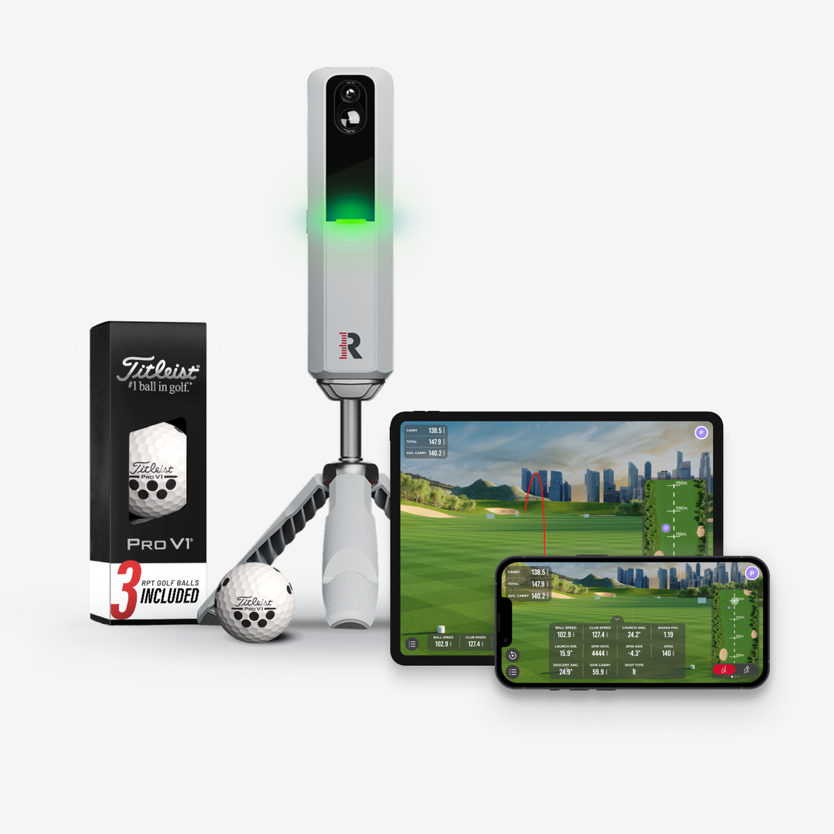 Rapsodo MLM2PRO with tripod, tablet, phone and a 3-pack of Titleist Pro V1 RPT golf balls