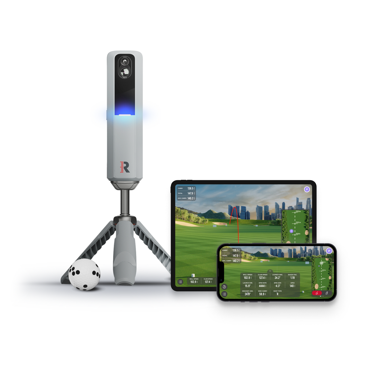 Rapsodo MLM2PRO on its tripod with the Rapsodo app on a tablet and phone
