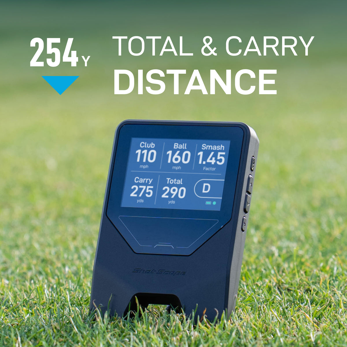 Shot Scope LM1 on the range showing total and carry distance