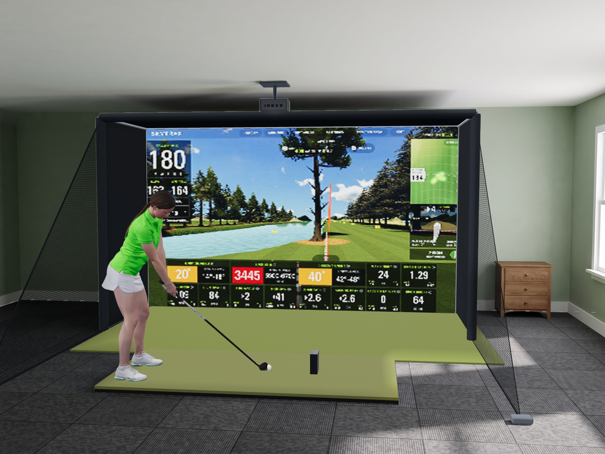 SkyTrak ST MAX All-In-One Golf Simulator, 13W x 7.7H x 5D enclosure (3D render)