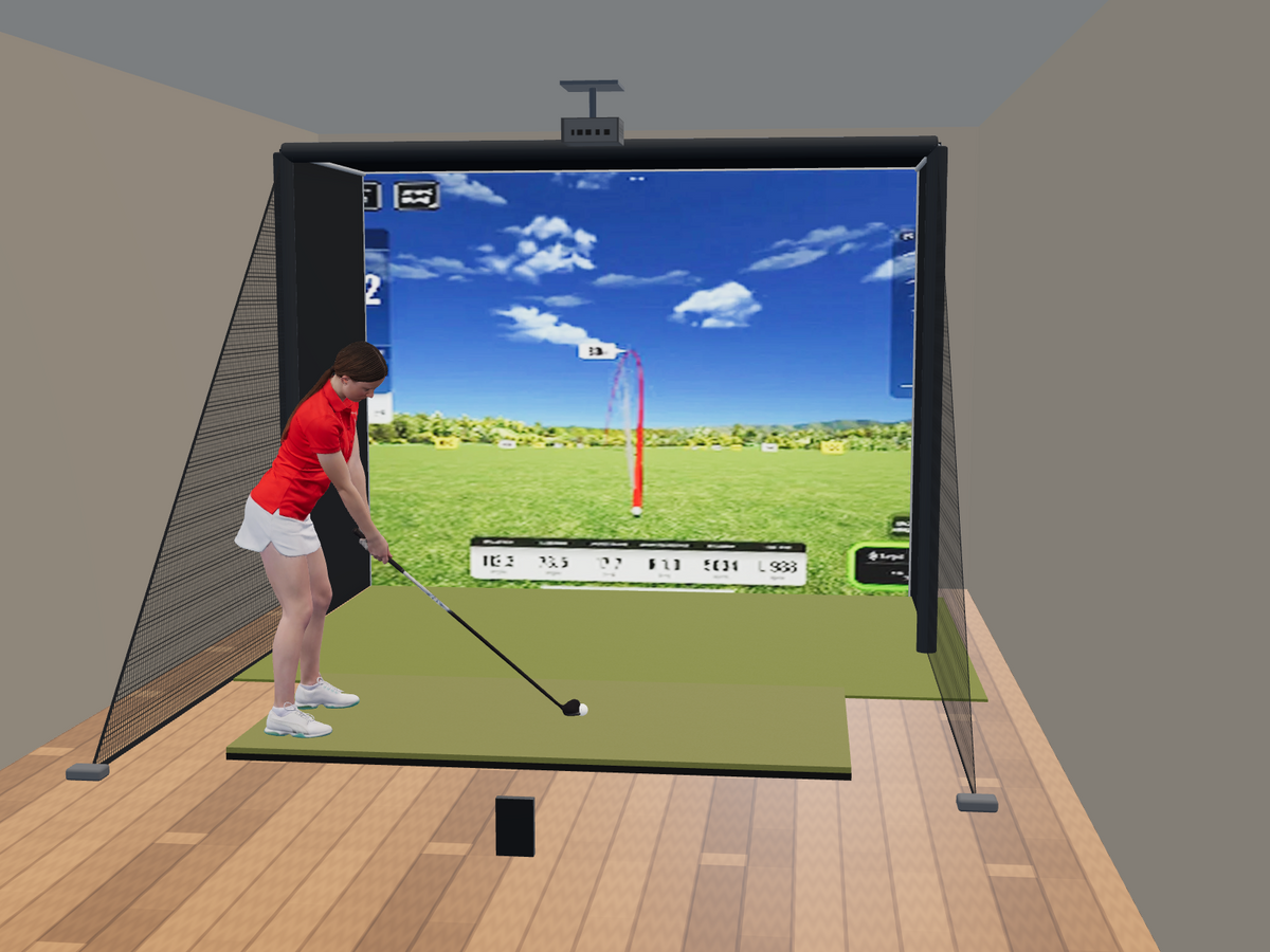 Swing Caddie SC4 PRO All-In-One Golf Simulator, 10.5W x 8H x 5D enclosure (3D render)