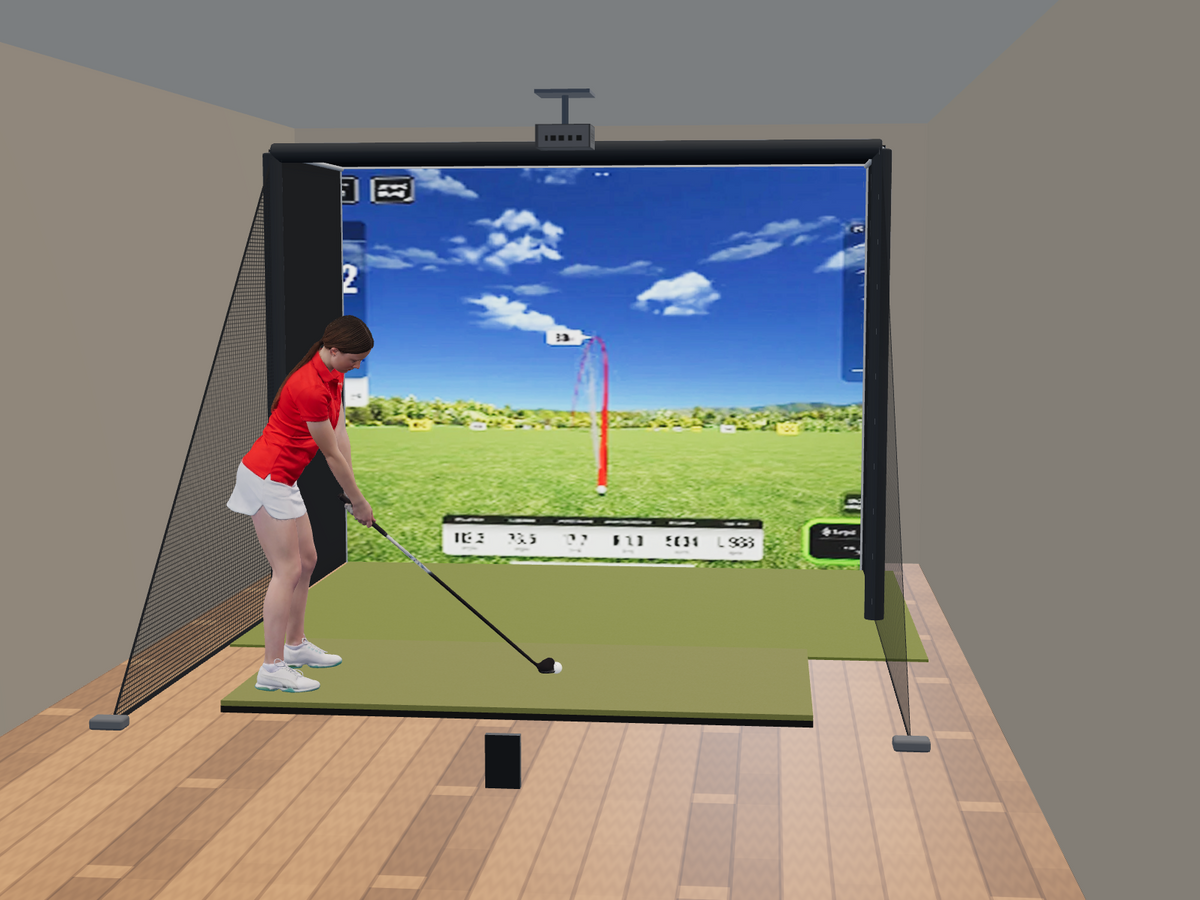 Swing Caddie SC4 PRO All-In-One Golf Simulator, 10W x 7.7H x 5D enclosure (3D render)