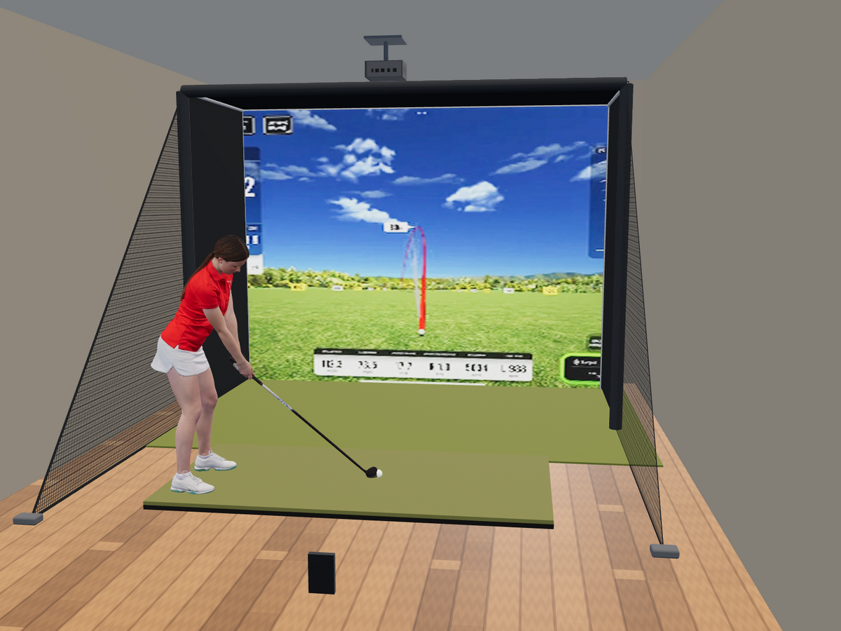 Swing Caddie SC4 PRO All-In-One Golf Simulator, 11.5W x 8.5H x 5D enclosure (3D render)