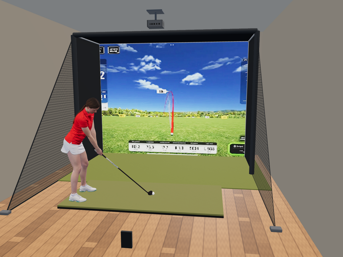Swing Caddie SC4 PRO All-In-One Golf Simulator, 12W x 9H x 5D enclosure (3D render)