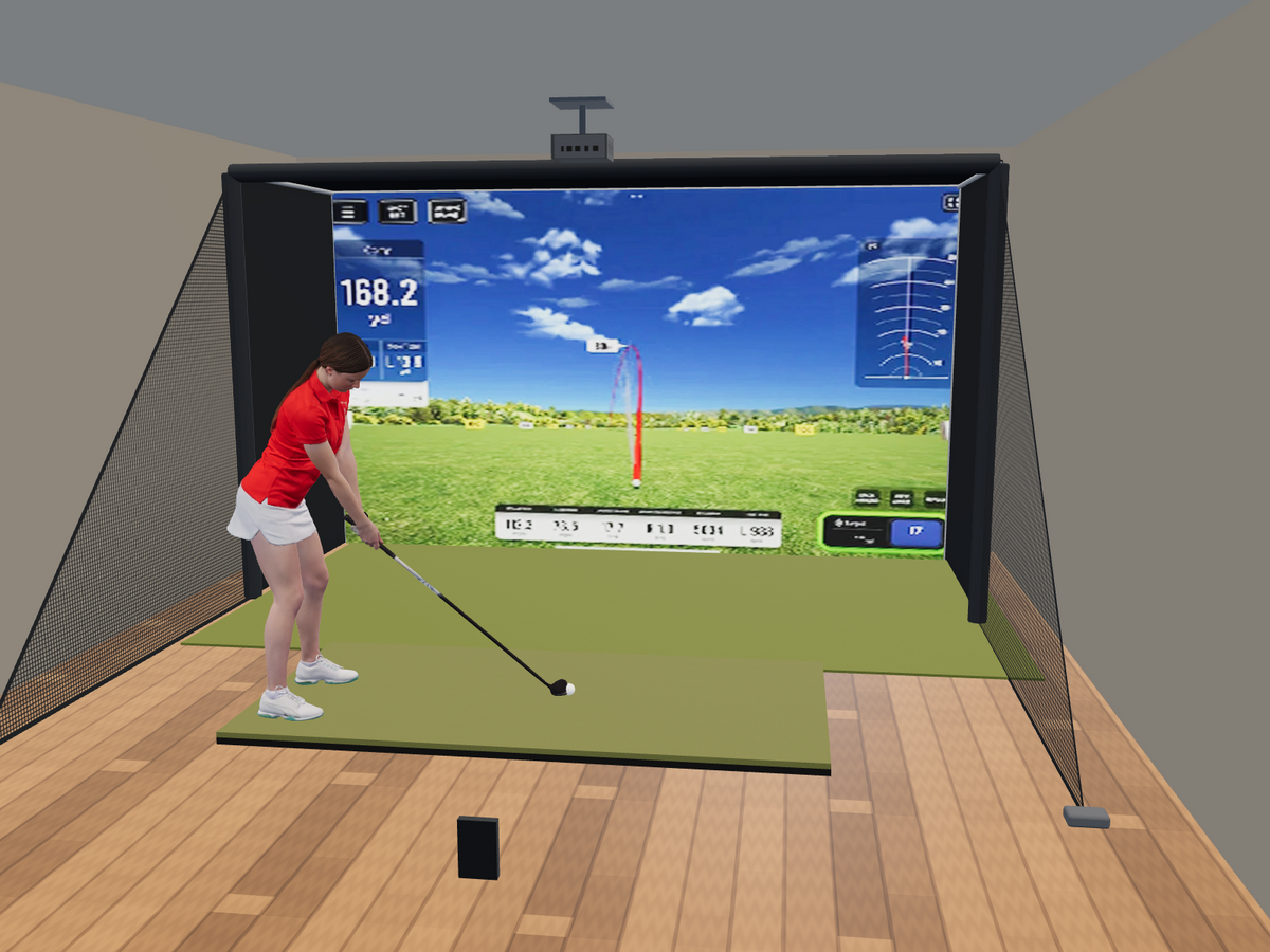 Swing Caddie SC4 PRO All-In-One Golf Simulator, 13W x 7.7H x 5D enclosure (3D render)