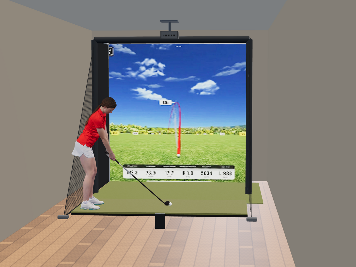 Swing Caddie SC4 PRO All-In-One Golf Simulator, 8W x 8H x 5D enclosure (3D render)