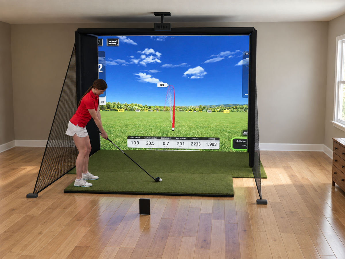 Swing Caddie SC4 PRO DIY Enclosure Golf Simulator, installed in a finished room
