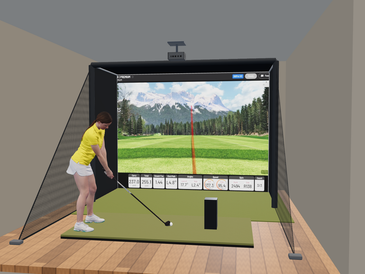 Uneekor EYE MINI All-In-One Golf Simulator, 10.5W x 8H x 5D enclosure (3D render)