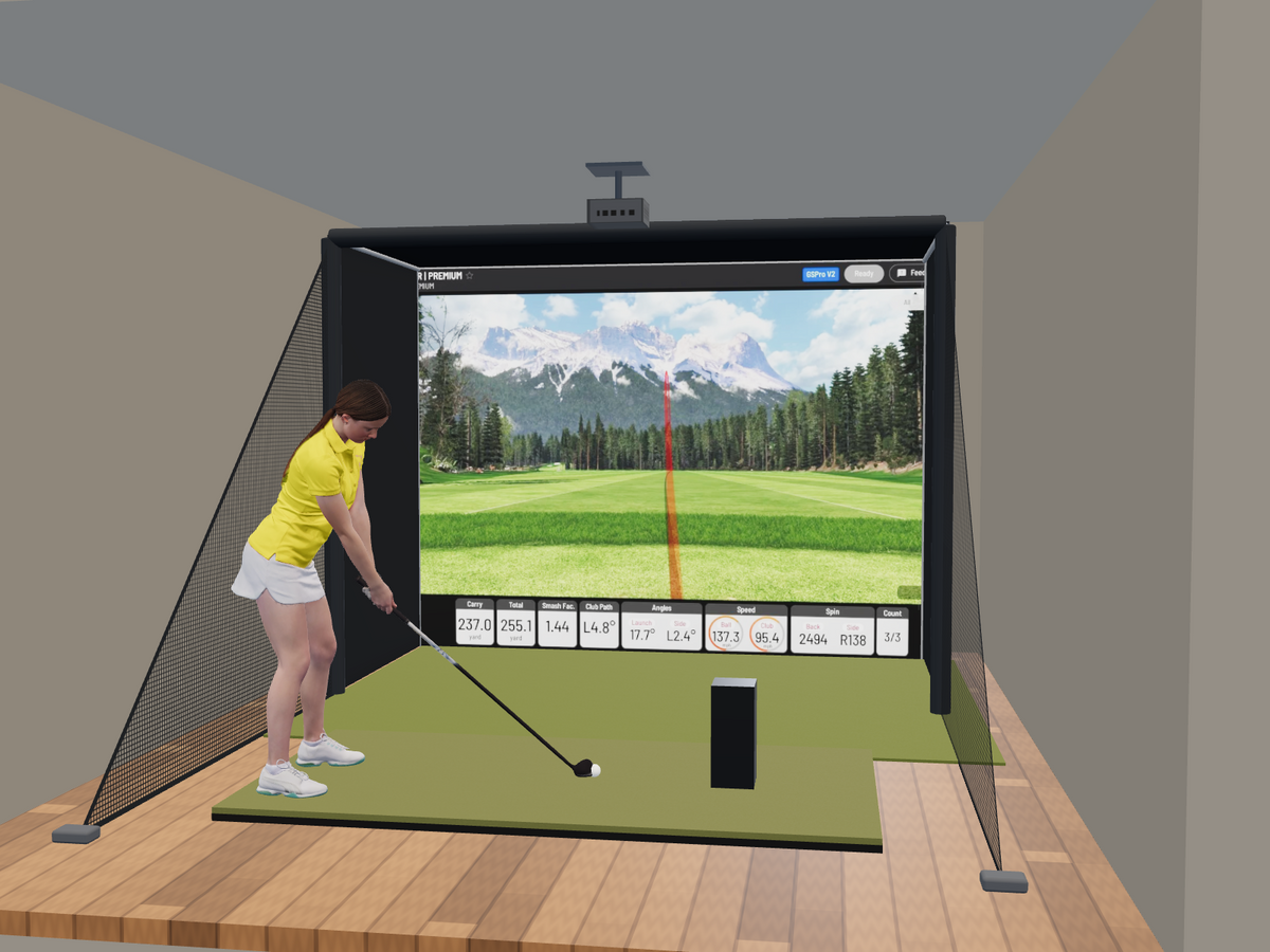 Uneekor EYE MINI All-In-One Golf Simulator, 10W x 7.7H x 5D enclosure (3D render)