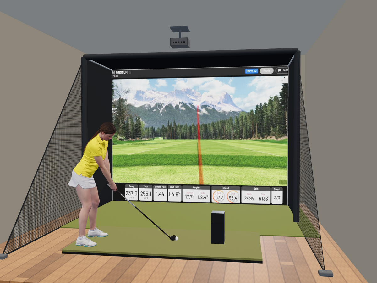 Uneekor EYE MINI All-In-One Golf Simulator, 12W x 9H x 5D enclosure (3D render)
