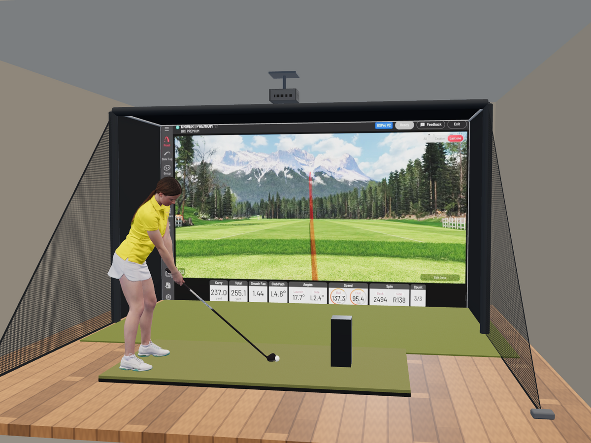 Uneekor EYE MINI All-In-One Golf Simulator, 13W x 7.7H x 5D enclosure (3D render)