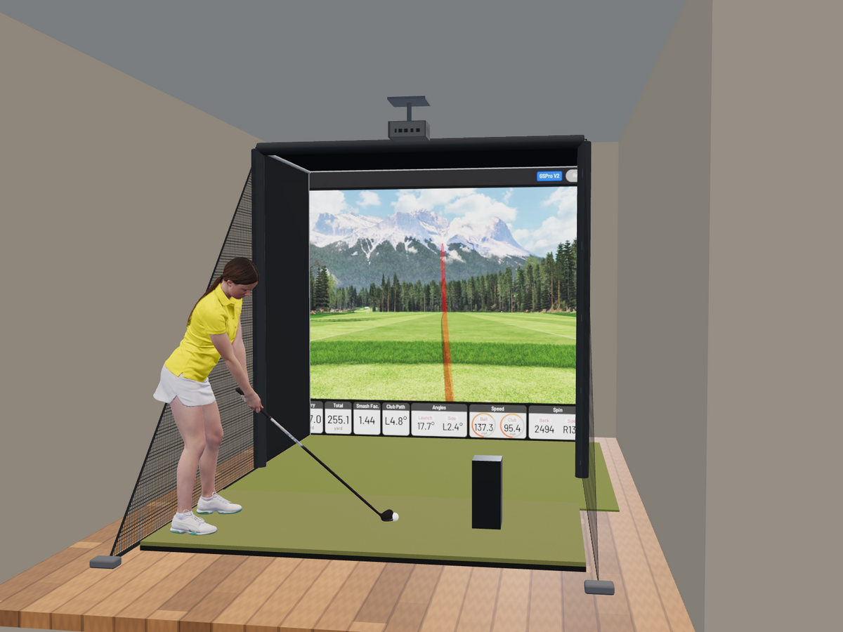 Uneekor EYE MINI All-In-One Golf Simulator, 8W x 8H x 5D enclosure (3D render)