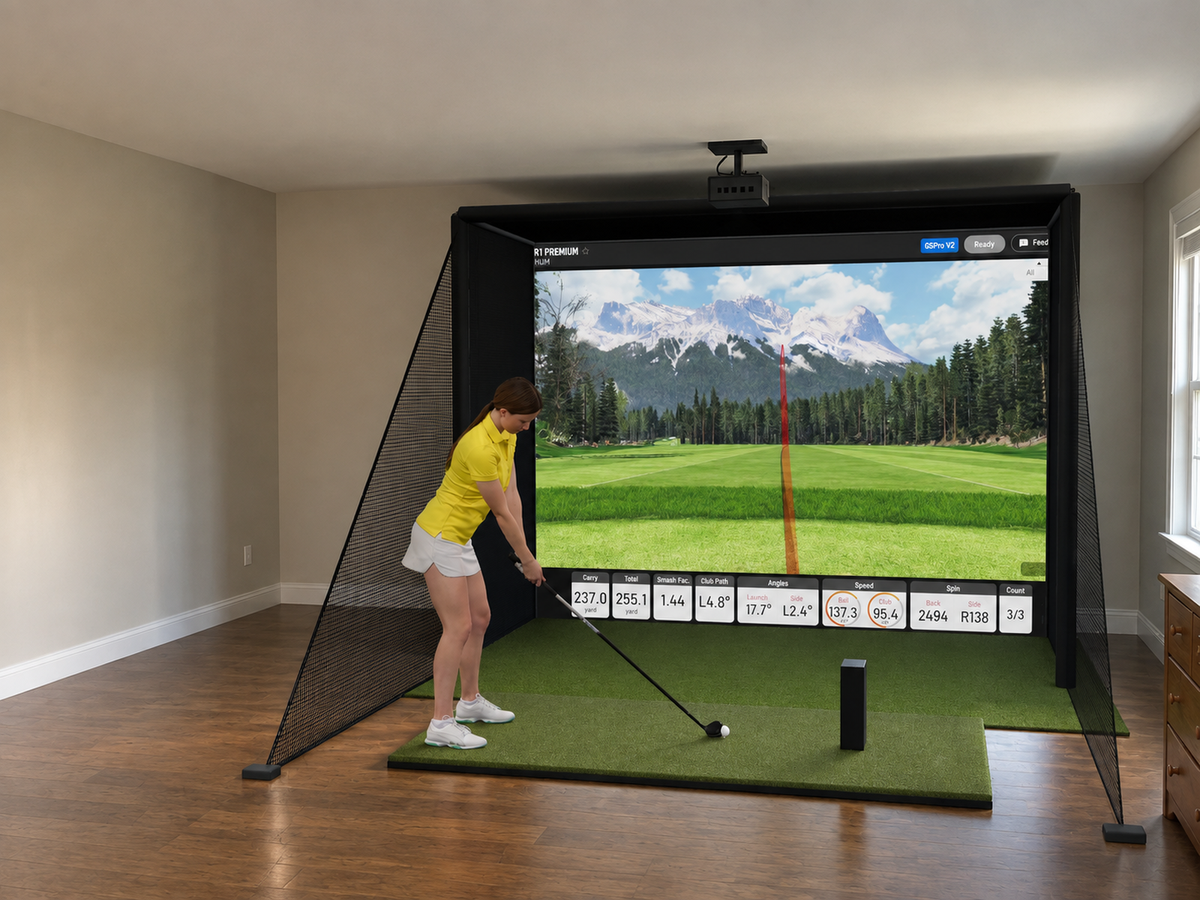 Uneekor EYE MINI LITE All-In-One Golf Simulator, 10.5W x 8H x 5D enclosure (3D render)