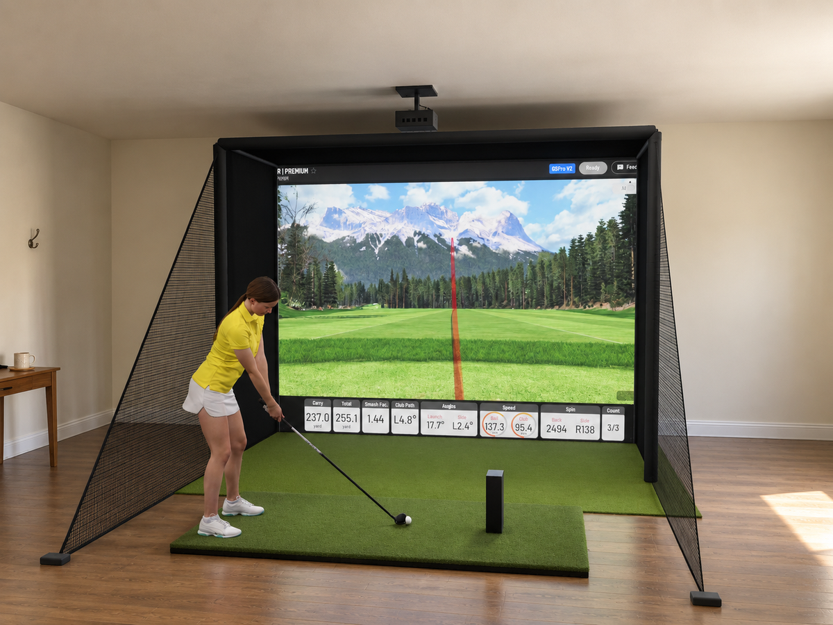 Uneekor EYE MINI LITE All-In-One Golf Simulator, 11.5W x 8.5H x 5D enclosure (3D render)