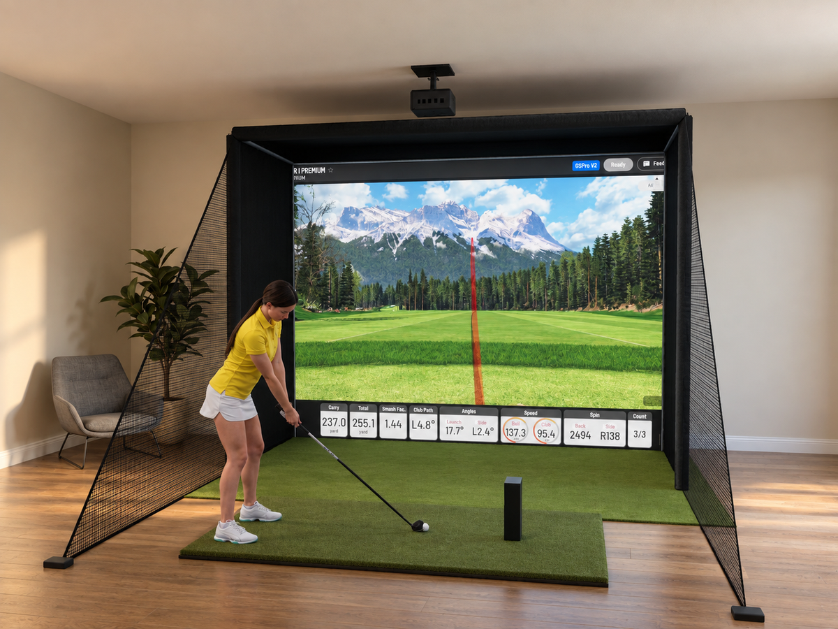 Uneekor EYE MINI LITE All-In-One Golf Simulator, 12W x 9H x 5D enclosure (3D render)