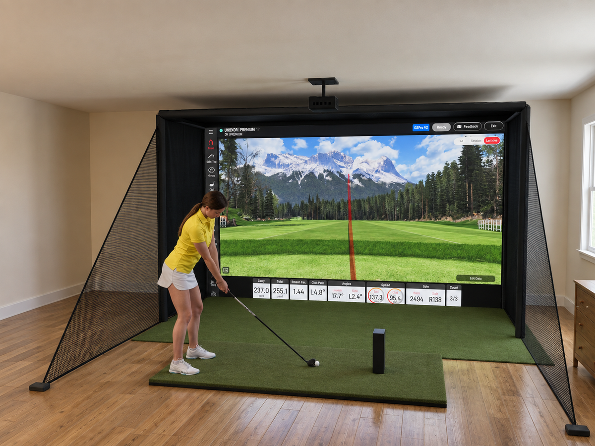 Uneekor EYE MINI LITE All-In-One Golf Simulator, 13W x 7.7H x 5D enclosure (3D render)