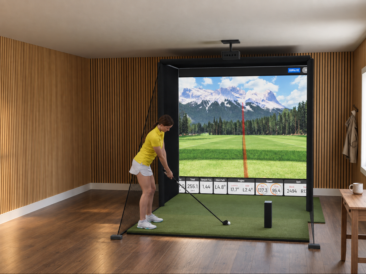 Uneekor EYE MINI LITE All-In-One Golf Simulator, 8W x 8H x 5D enclosure (3D render)
