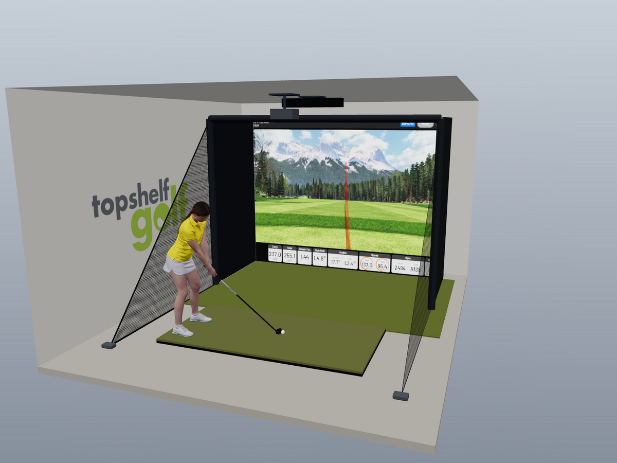 Uneekor EYE XO All-In-One Golf Simulator, 10.5W x 8H x 5D enclosure (3D render)