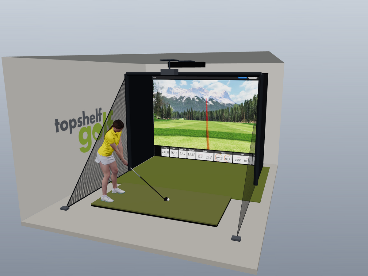 Uneekor EYE XO All-In-One Golf Simulator, 10W x 7.7H x 5D enclosure (3D render)