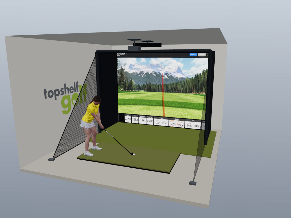 Uneekor EYE XO All-In-One Golf Simulator, 11.5W x 8.5H x 5D enclosure (3D render)
