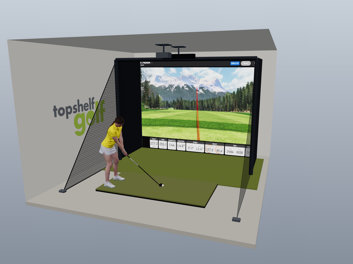 Uneekor EYE XO All-In-One Golf Simulator, 12W x 9H x 5D enclosure (3D render)