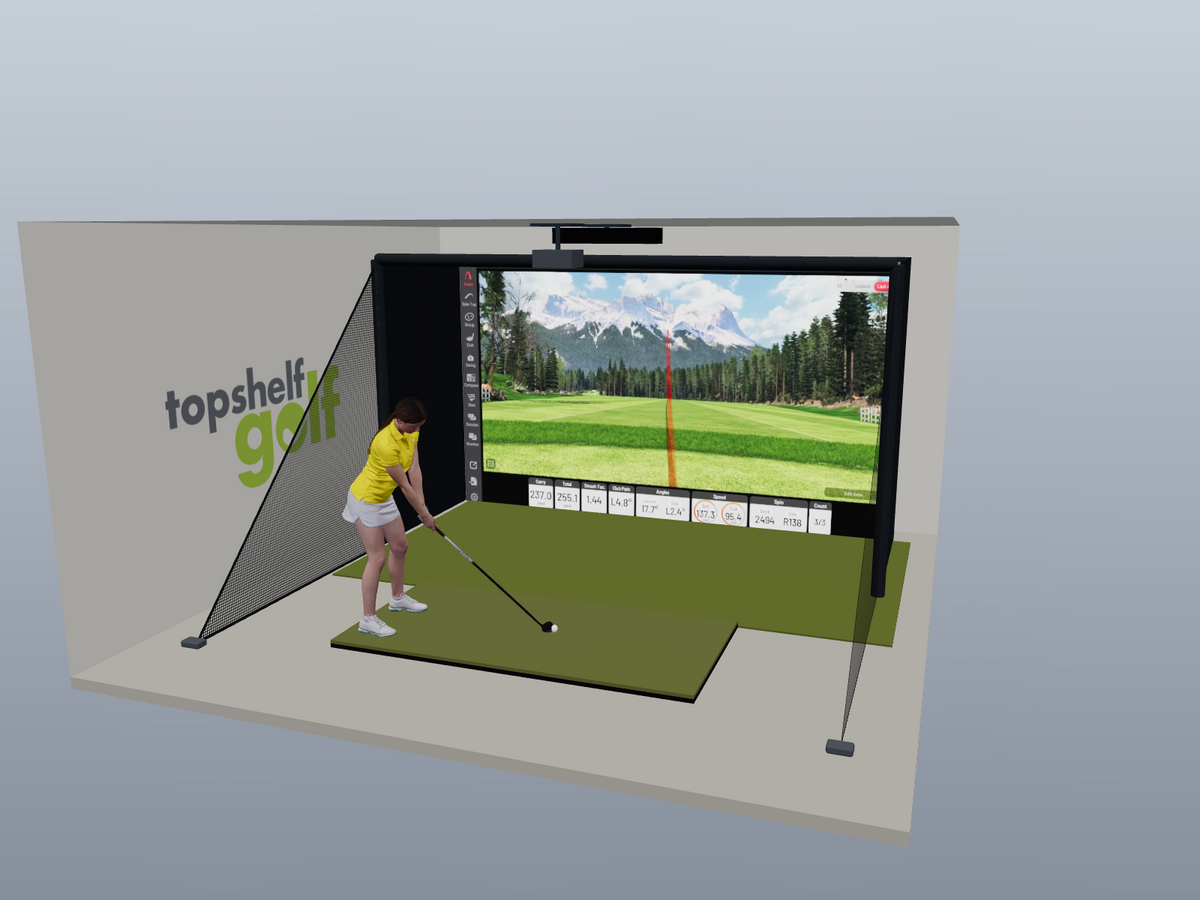 Uneekor EYE XO All-In-One Golf Simulator, 13W x 7.7H x 5D enclosure (3D render)