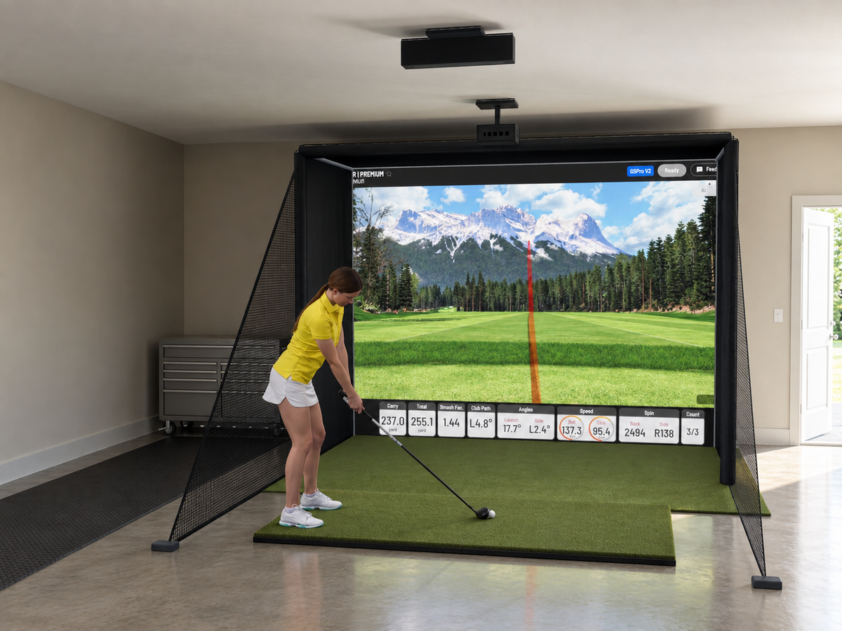 Uneekor EYE XR All-In-One Golf Simulator, 10.5W x 8H x 5D enclosure (3D render)