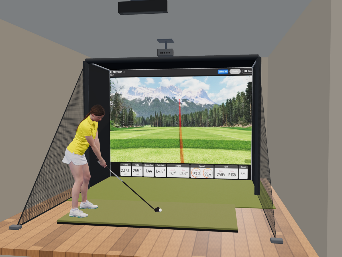 Uneekor EYE XR All-In-One Golf Simulator, 10.5W x 8H x 5D enclosure (3D render)