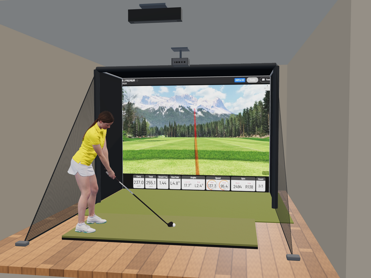 Uneekor EYE XR All-In-One Golf Simulator, 10W x 7.7H x 5D enclosure (3D render)
