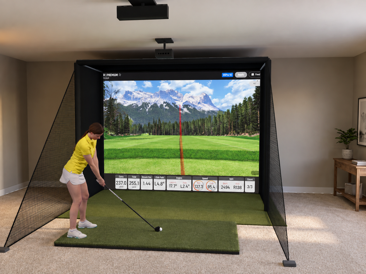 Uneekor EYE XR All-In-One Golf Simulator, 11.5W x 8.5H x 5D enclosure (3D render)
