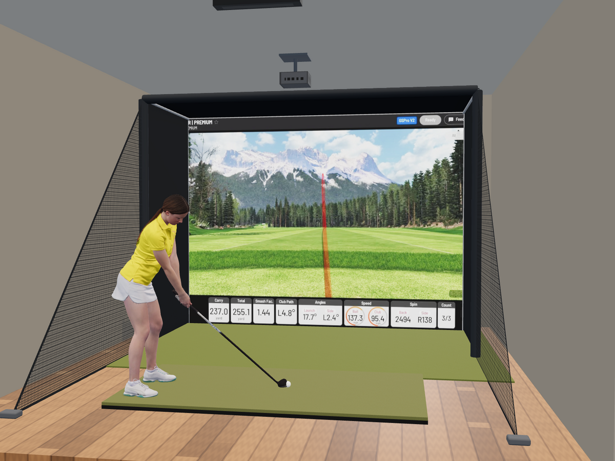 Uneekor EYE XR All-In-One Golf Simulator, 11.5W x 8.5H x 5D enclosure (3D render)