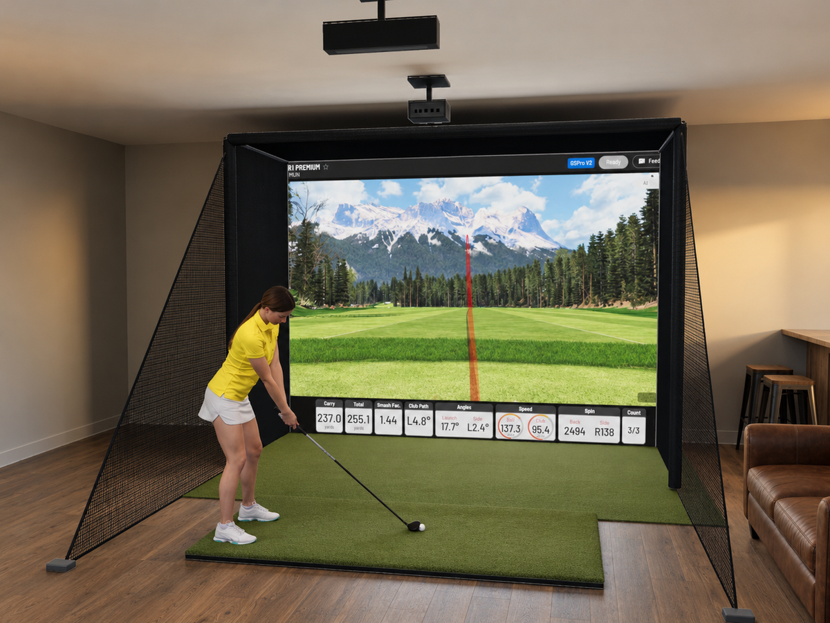 Uneekor EYE XR All-In-One Golf Simulator, 12W x 9H x 5D enclosure (3D render)