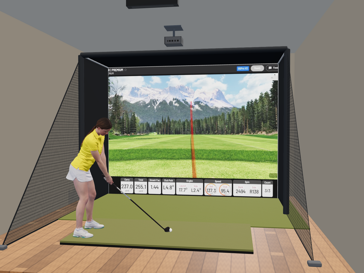 Uneekor EYE XR All-In-One Golf Simulator, 12W x 9H x 5D enclosure (3D render)