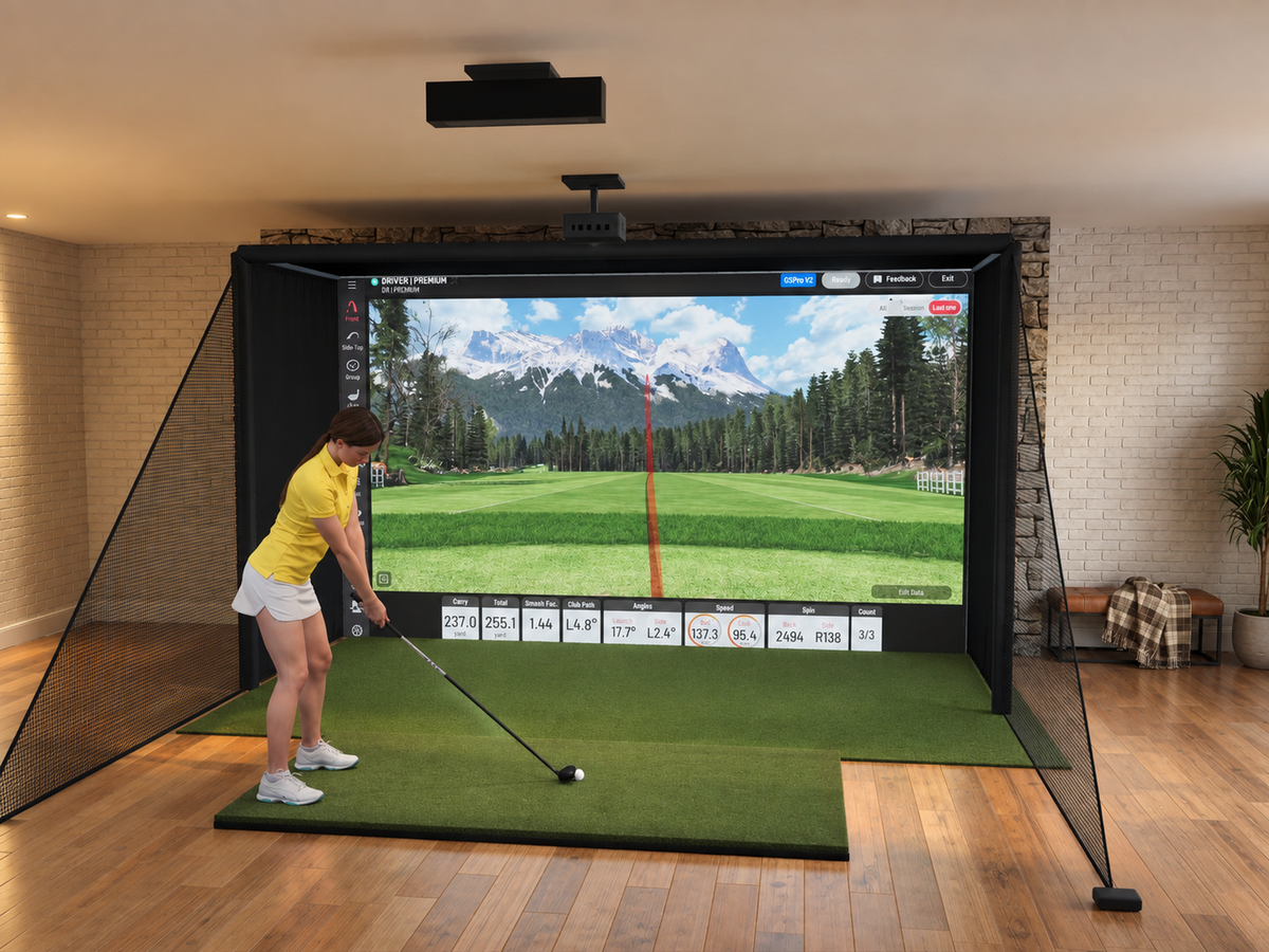 Uneekor EYE XR All-In-One Golf Simulator, 13W x 7.7H x 5D enclosure (3D render)