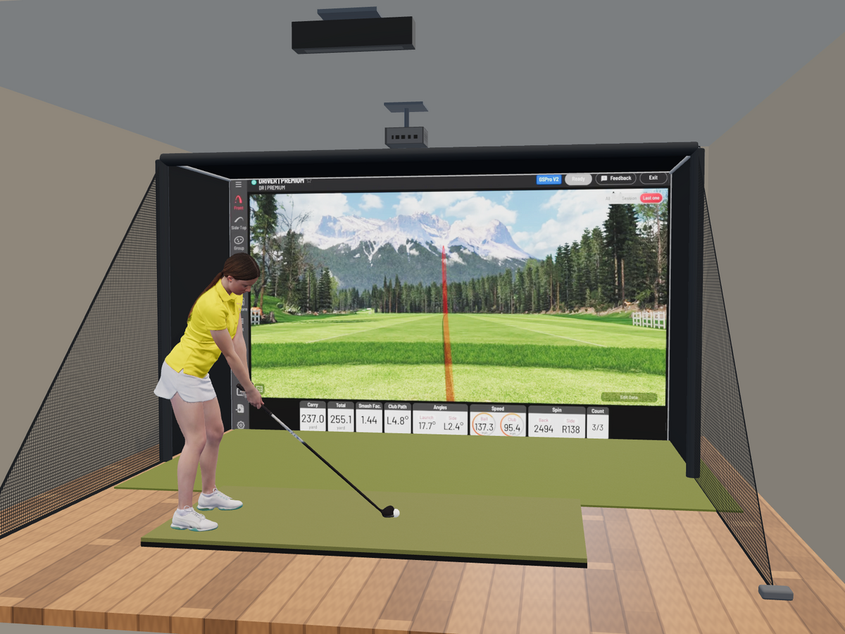 Uneekor EYE XR All-In-One Golf Simulator, 13W x 7.7H x 5D enclosure (3D render)