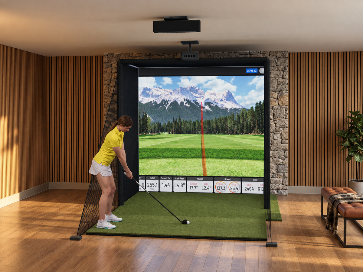Uneekor EYE XR All-In-One Golf Simulator, 8W x 8H x 5D enclosure (3D render)