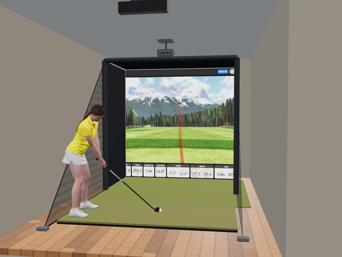Uneekor EYE XR All-In-One Golf Simulator, 8W x 8H x 5D enclosure (3D render)