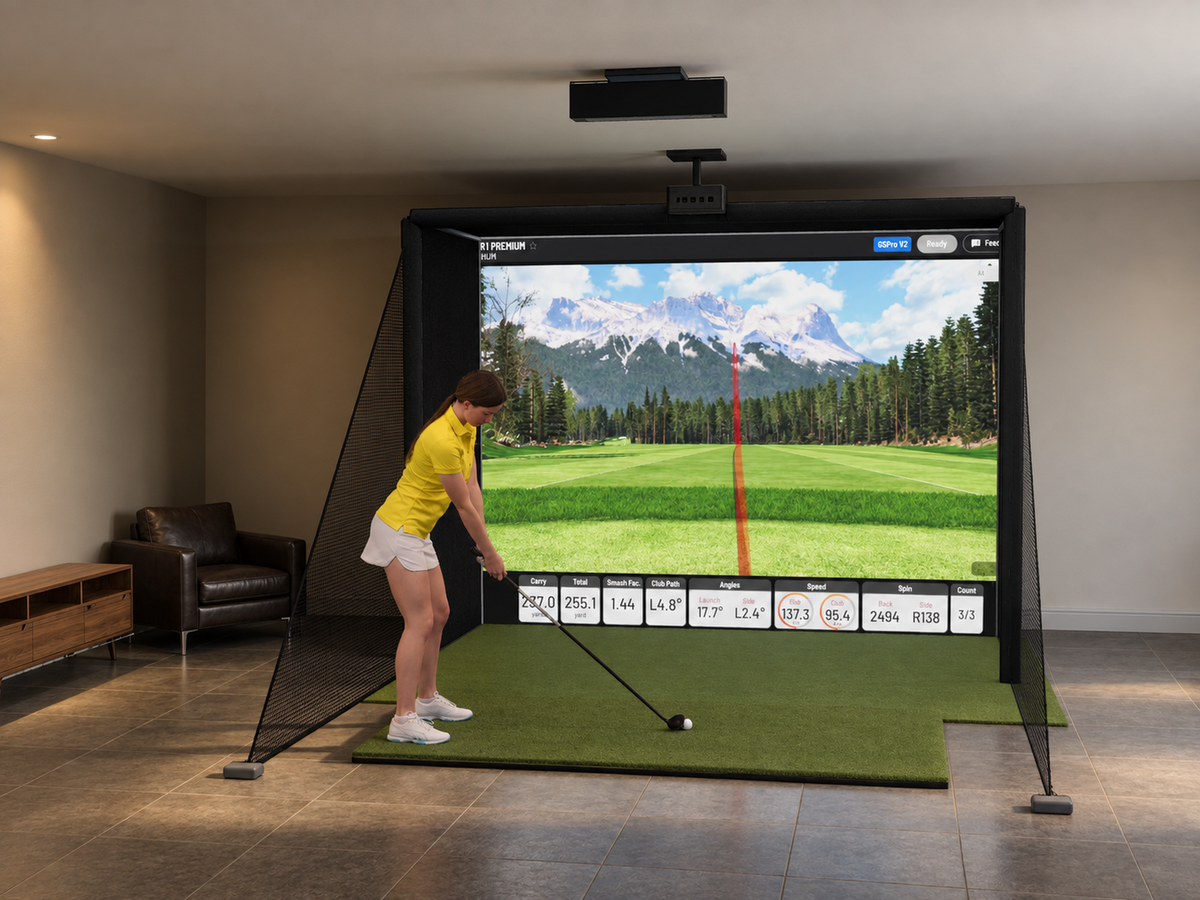 Uneekor EYE XR All-In-One Golf Simulator installed in a finished room