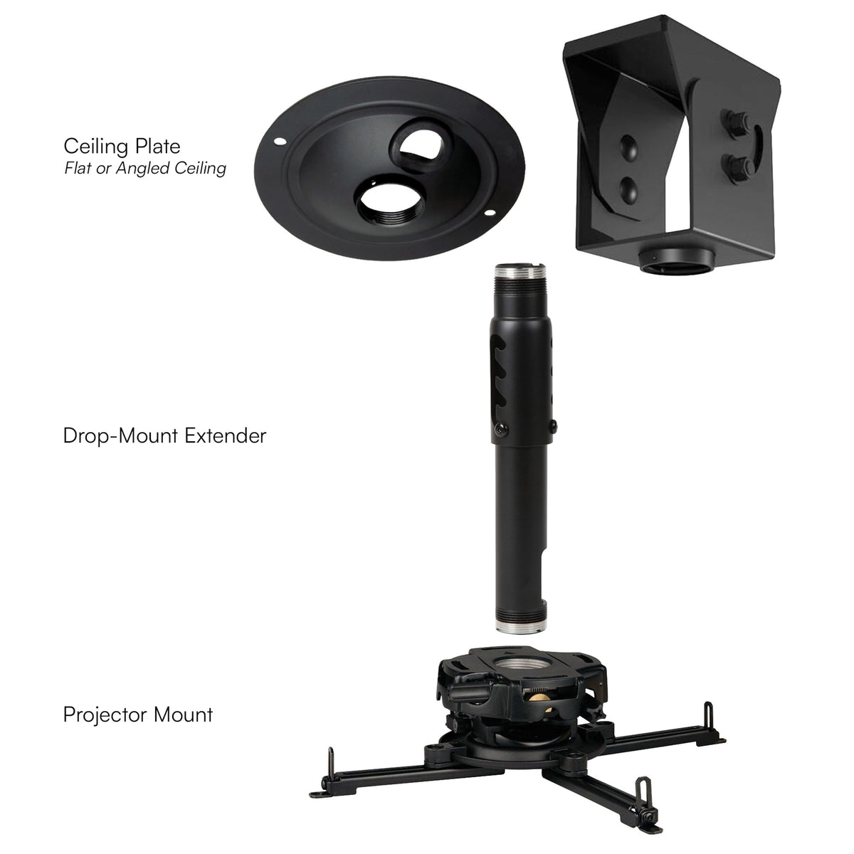 Carl's Place drop mount parts: round flat ceiling plate, angled ceiling plate for sloped ceilings, telescoping extender and projector mount