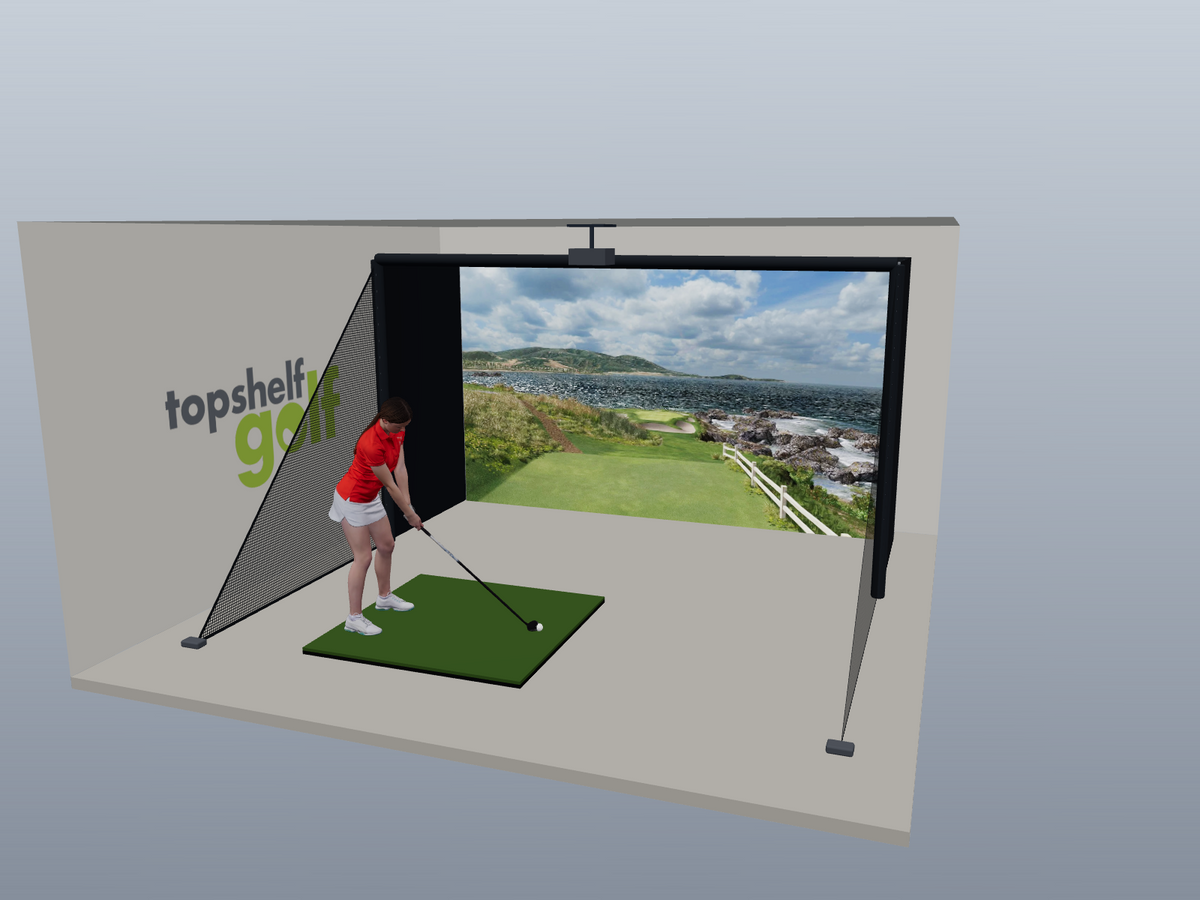 DIY Golf Simulator Studio, 13W x 7.7H x 5D enclosure (3D render)