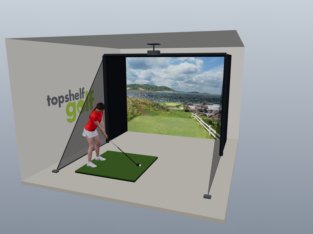 DIY Golf Simulator Studio, 11.5W x 8.5H x 5D enclosure (3D render)