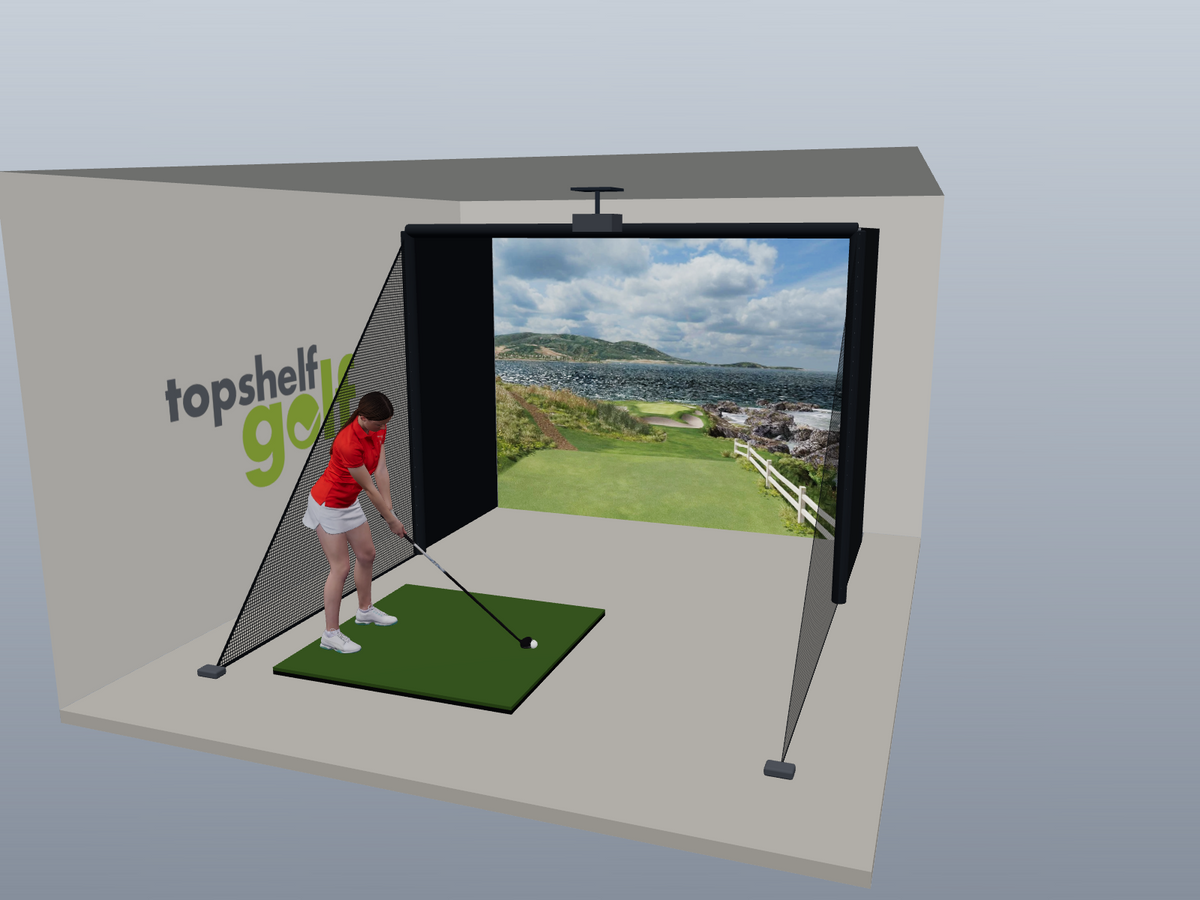 DIY Golf Simulator Studio, 10.5W x 8H x 5D enclosure (3D render)