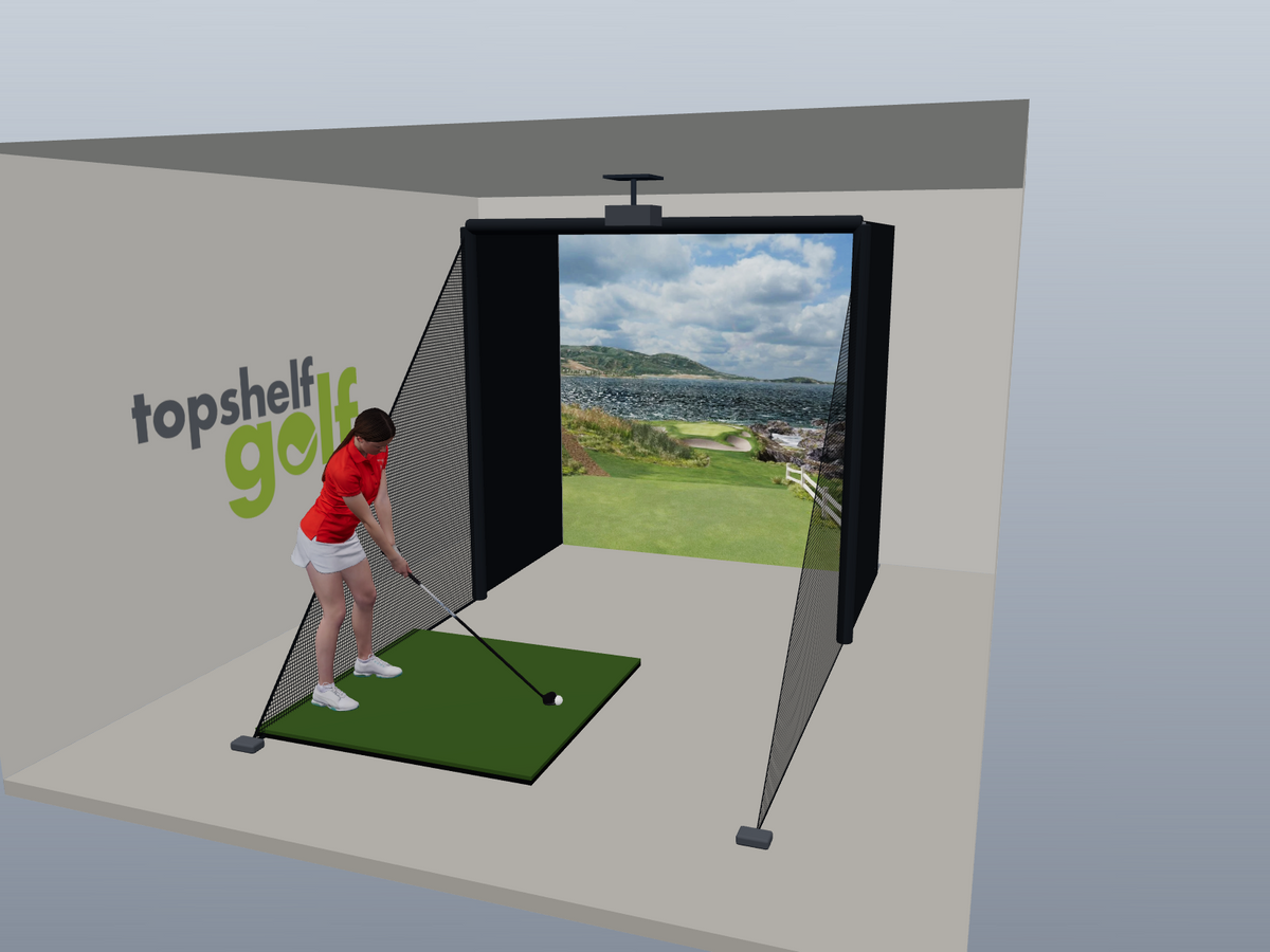 DIY Golf Simulator Studio, 8W x 8H x 5D enclosure (3D render)