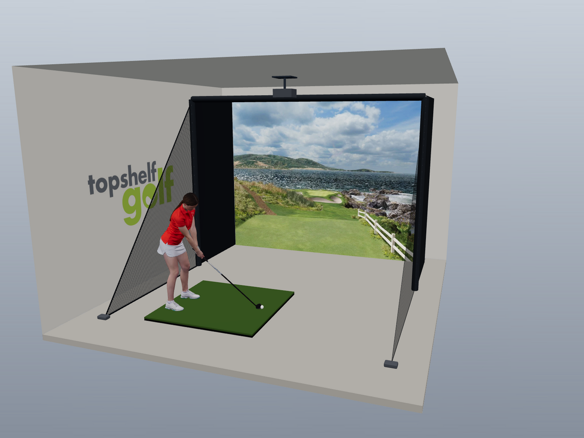 DIY Golf Simulator Studio, 12W x 9H x 5D enclosure (3D render)